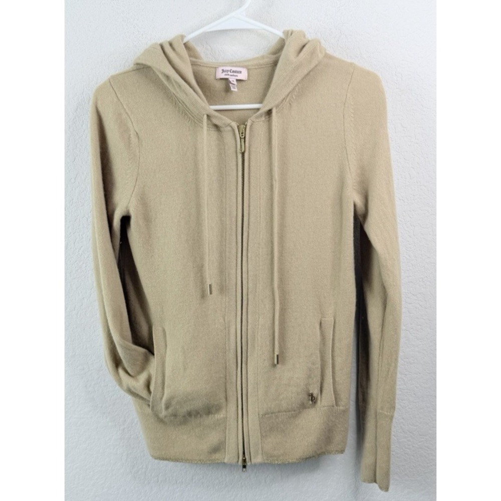 Juicy Couture 100% Cashmere Hoodie Women M Beige Gold Trim Full Zip Y2K